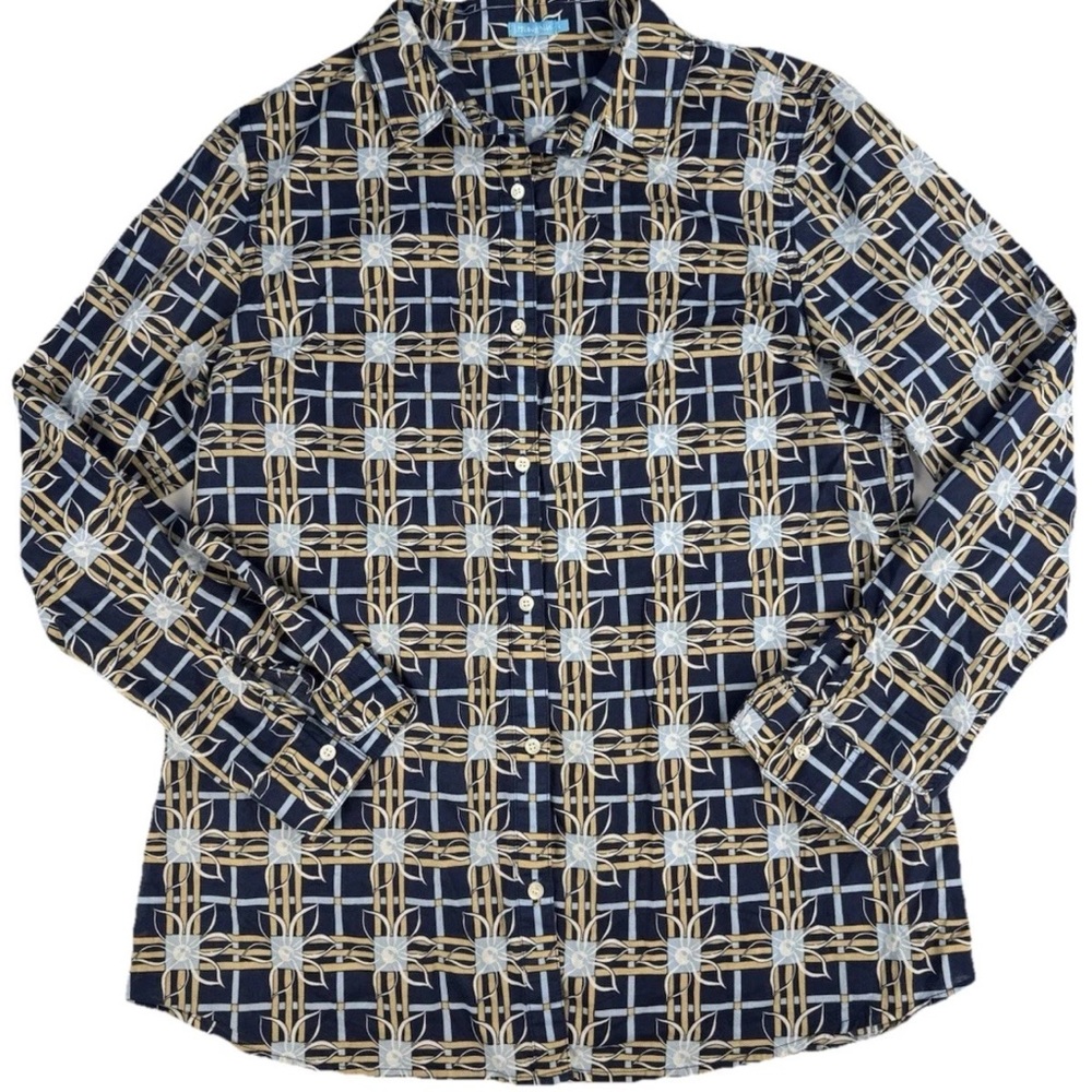 J. McLaughlin Blouse Printed Cotton Button Front Shirt Top size L Women's Plaid